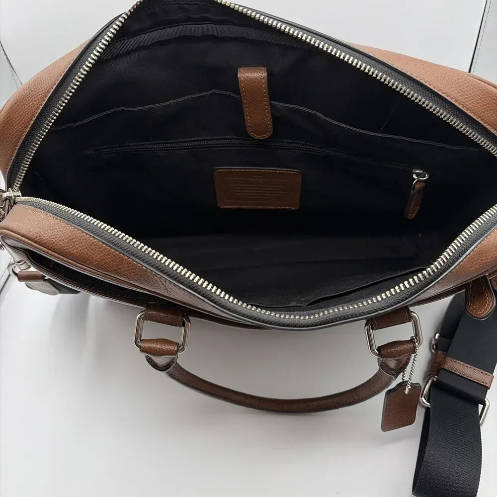 Coach Metropolitan Brown Dark Saddle Slim Briefcase Pebbled Leather Laptop Bag